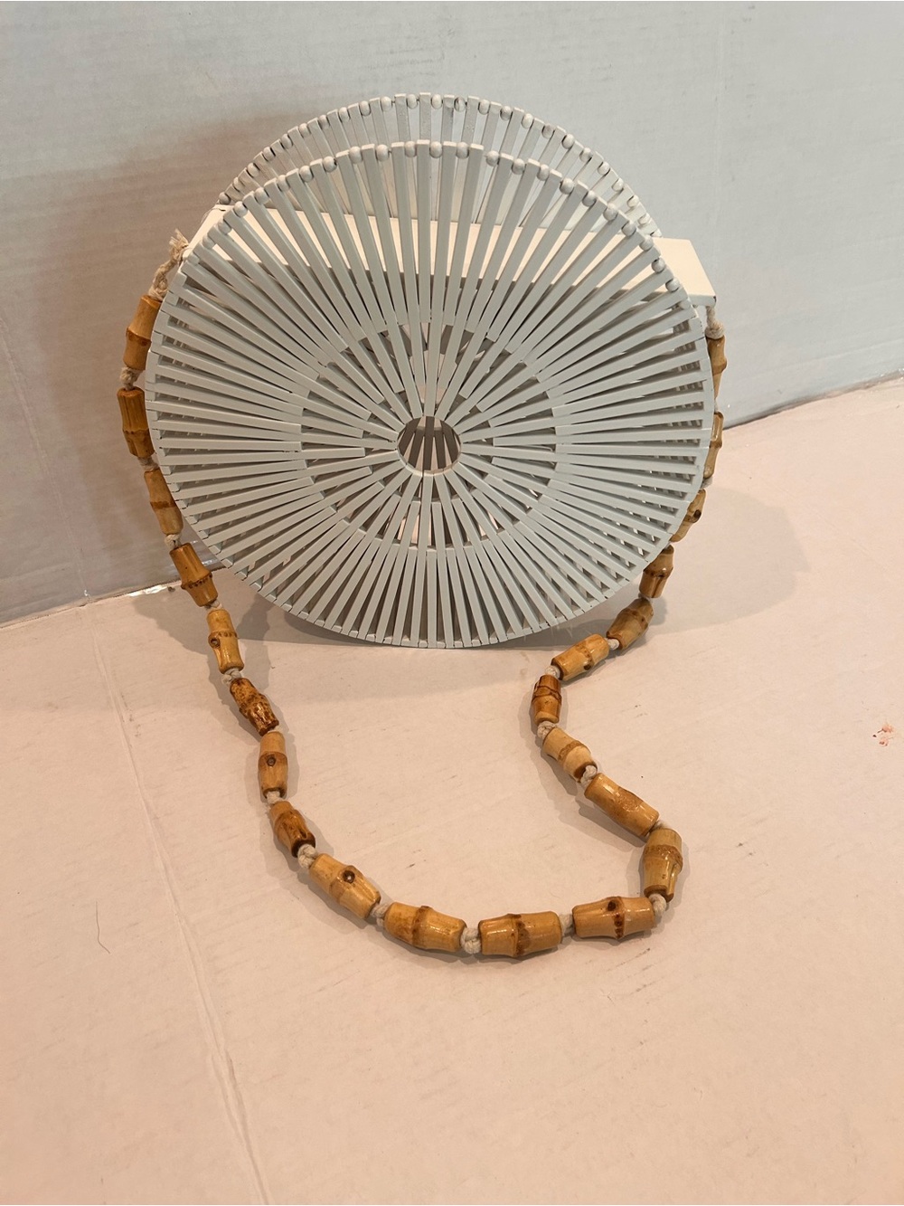 Round Woven Crossbody Bag with Bamboo-Bead Strap - White - Picture 2 of 9